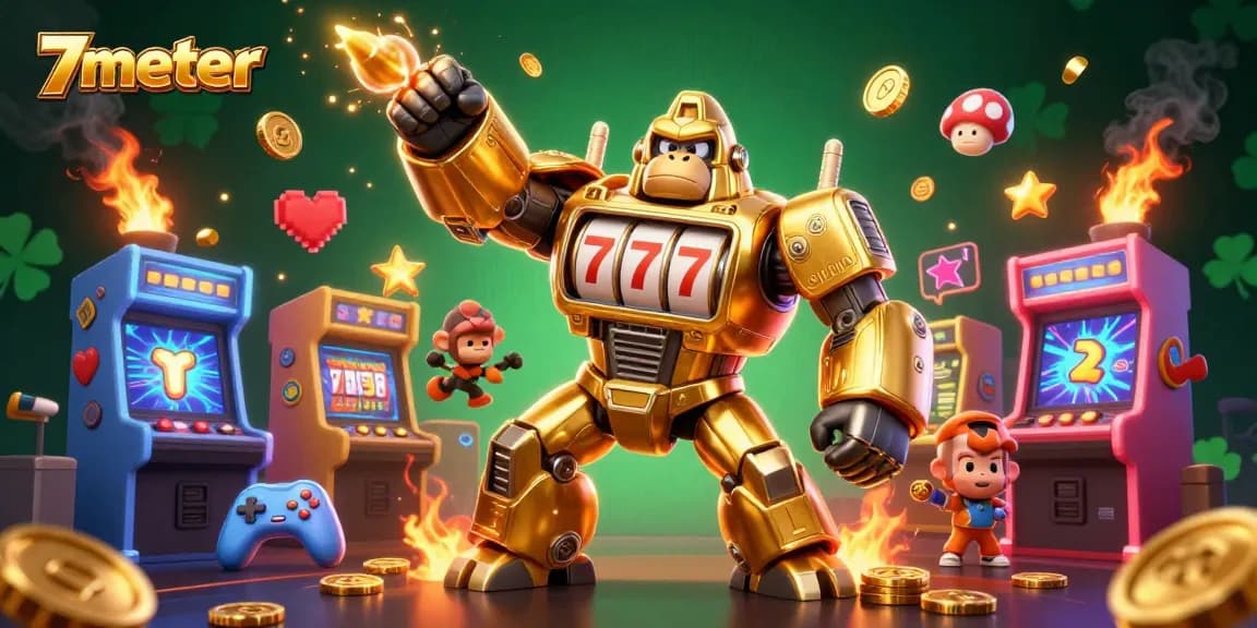 Engage in thrilling action with the 7meter golden gorilla mech smashing through coins in a vibrant casino scene.