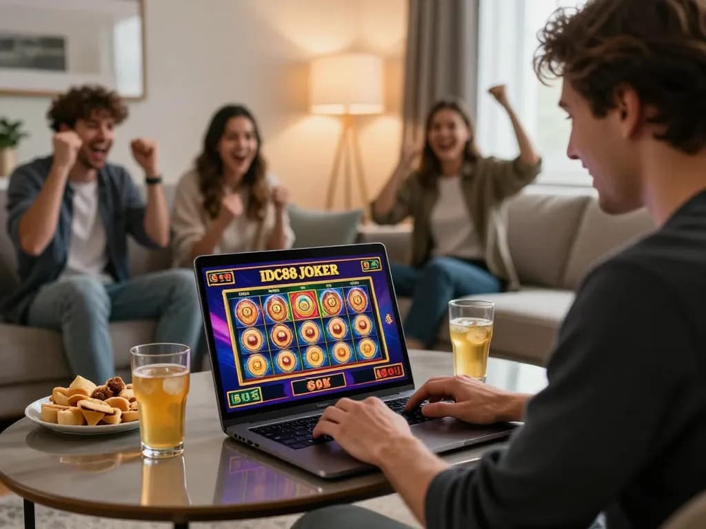 Player celebrating a win on IDC88 JOKER online slots with cozy home setup