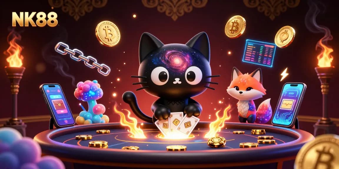 Win big at NK88’s cosmic casino with a black hole cat and nebula fox gathering golden chips!