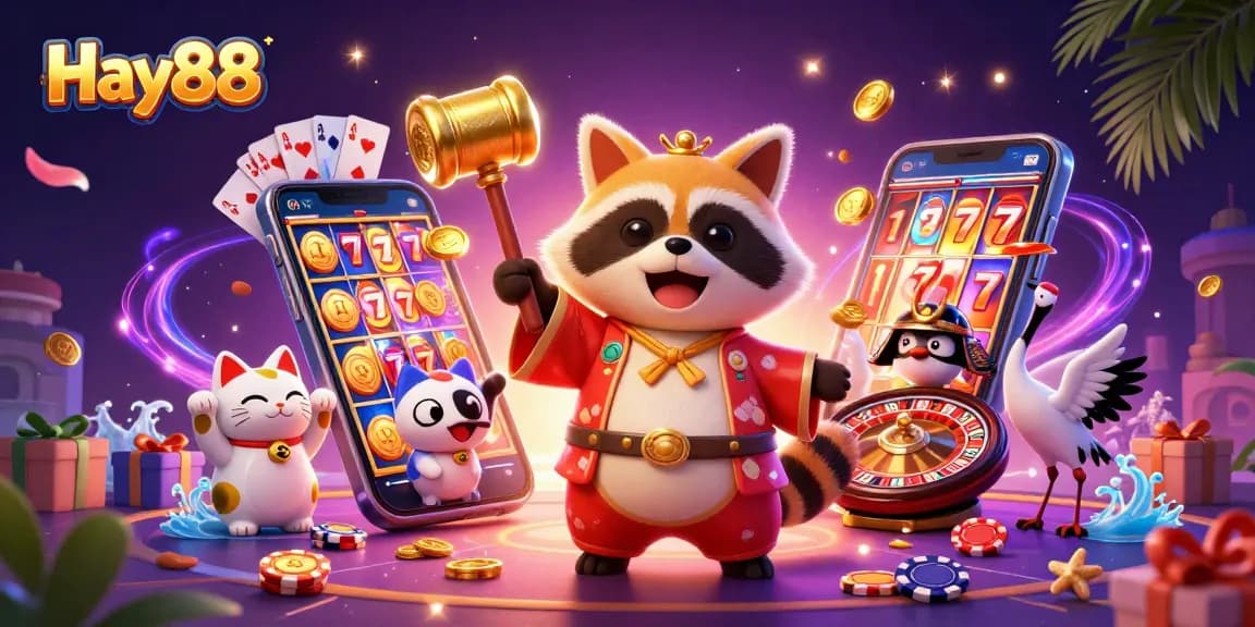 Experience the excitement of Hay88's gaming world featuring a lucky tanuki and vibrant casino elements.