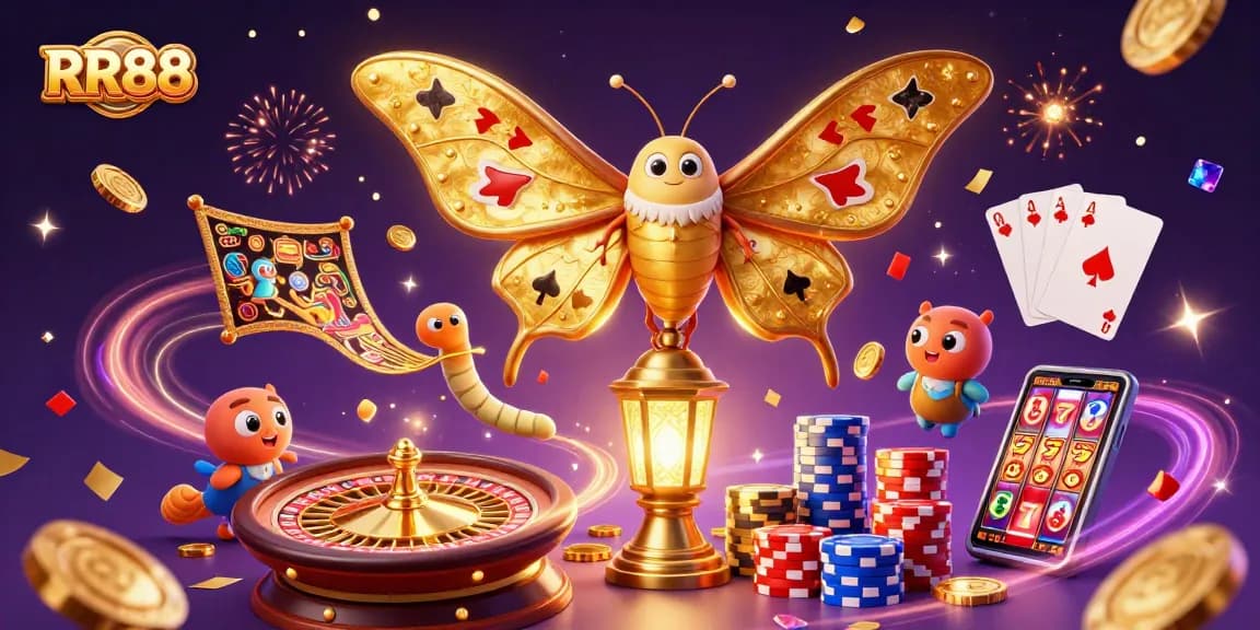 Experience excitement at RR88 with a stunning 3D illustration showcasing dynamic casino elements.