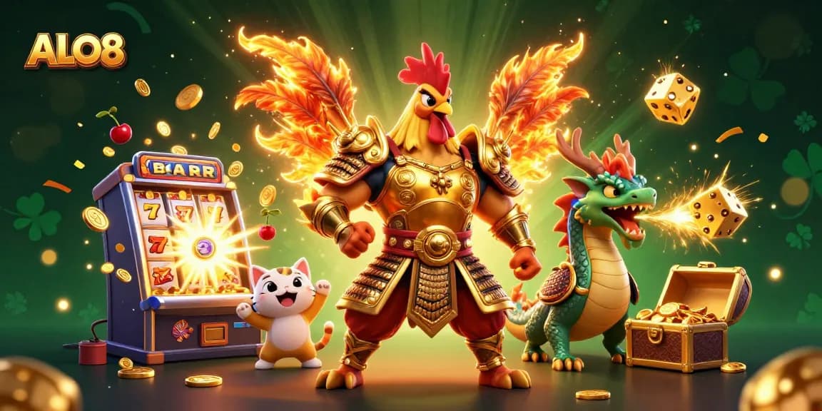 Play thrilling ALO8 games featuring a fighting rooster, dragon, and vibrant jackpot elements.
