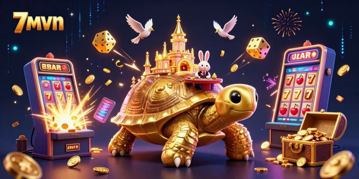 Experience the thrill of 7mvn's casino magic with a vibrant 3D illustration of a tortoise casino and rabbit dealer.