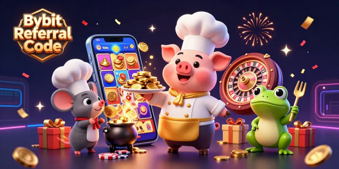 Experience the excitement of winning with Bybit Referral Code in this rich 3D illustration featuring vibrant casino elements.