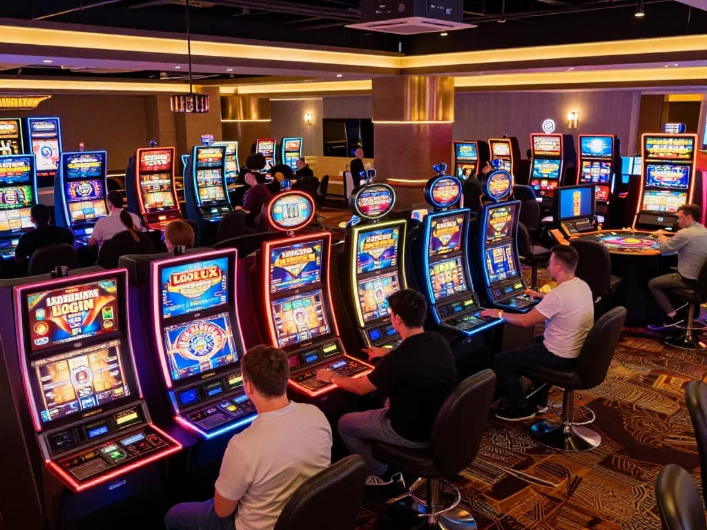 Players enjoying colorful slot machines at LGOLUX LOGIN, with vibrant lights and casino atmosphere.