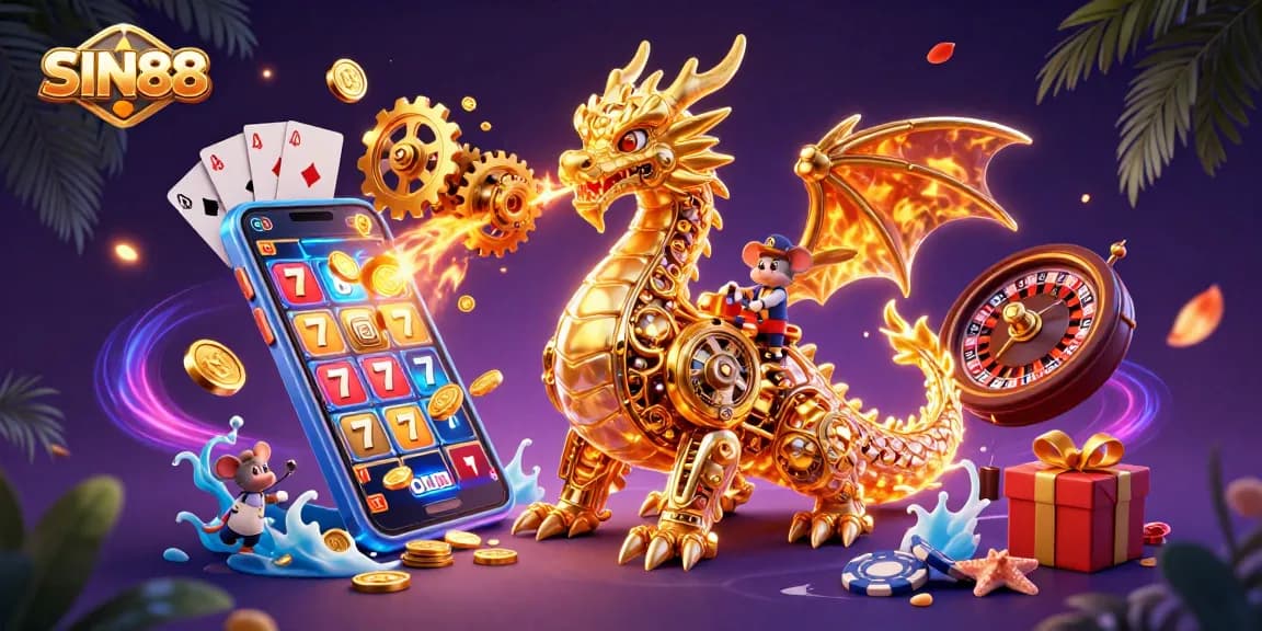 Experience SIN88's vibrant gaming world with a dynamic dragon, slots, and casino elements.