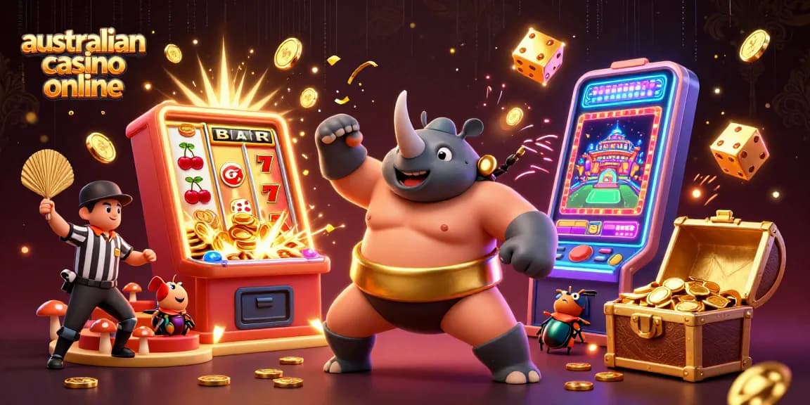 Experience excitement at an australian casino online featuring vibrant characters and dynamic slot machines.