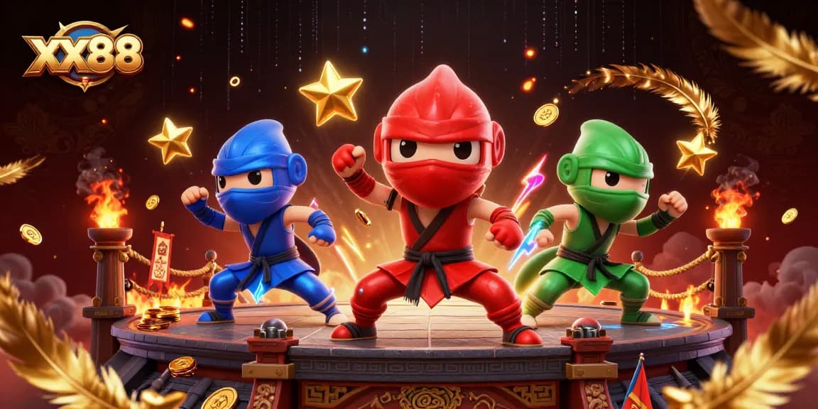 xx88 ninja chameleons showcasing synchronized martial arts amidst an exciting casino setting
