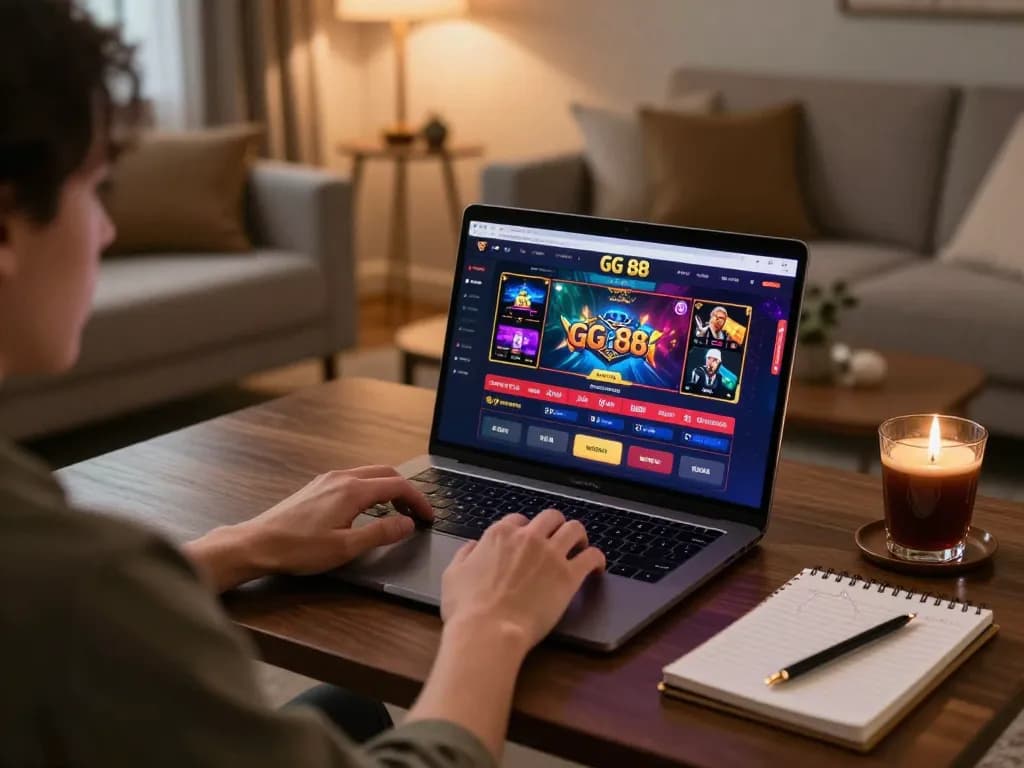 Player engaging with GG 88 casino games on a laptop in a cozy, warm-lit home setting.
