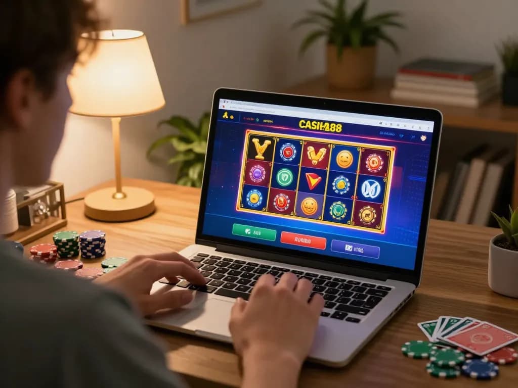 Engaging gameplay on mantra88 casino app on a laptop at home, showcasing strategic betting fun