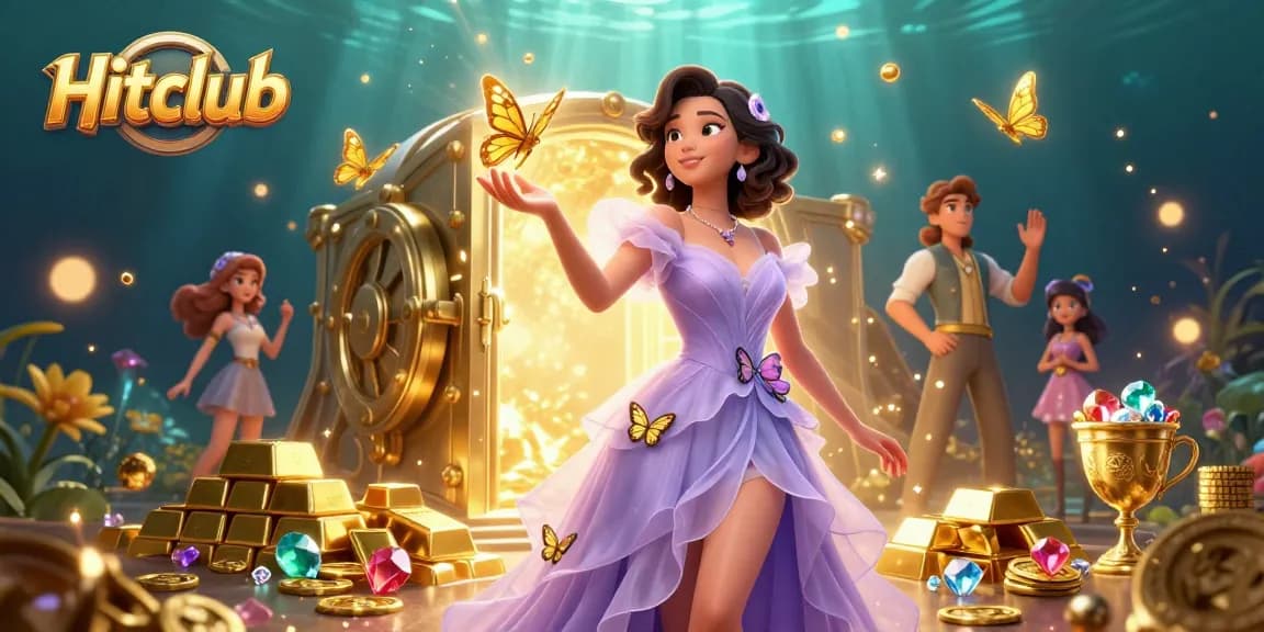 Hitclub showcases a vibrant casino scene with an enchanting Asian woman amidst golden treasures and butterflies.