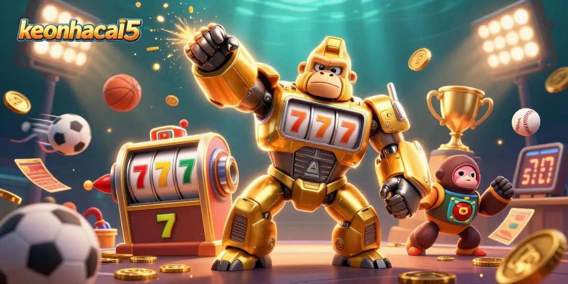 keonhacai5 showcases an energetic gameplay scene with slot machines and sports elements