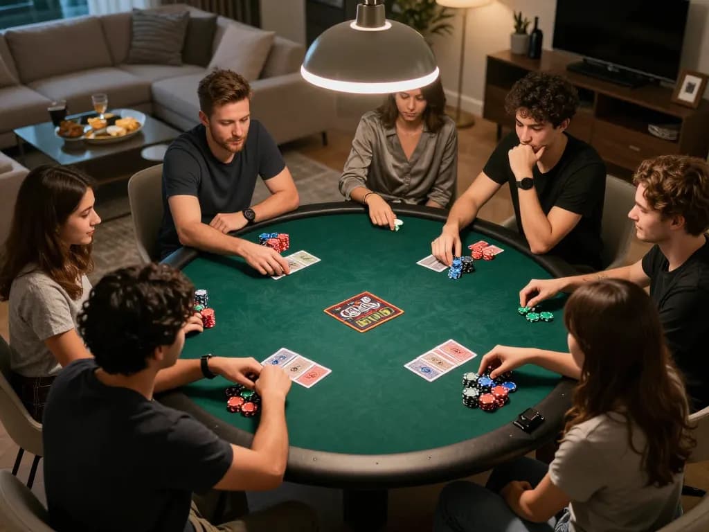 Players engage in a thrilling poker game at home, showcasing a lively atmosphere centered around llwin.