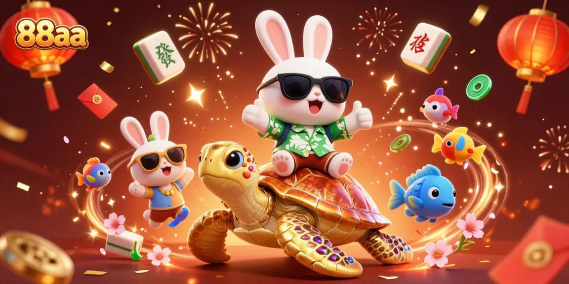 Experience thrilling gaming at 88aa with our charming lucky rabbit and golden turtle amidst vibrant casino elements.