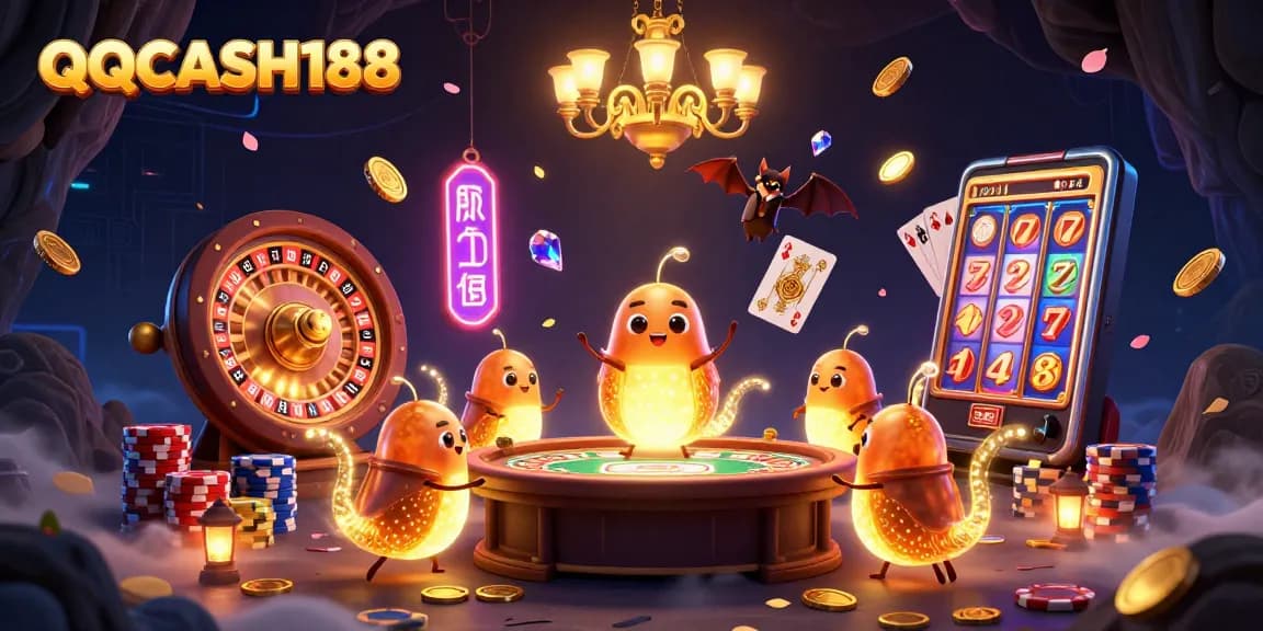 Experience the thrilling glow of QQCASH188 as glowworms light up a vibrant cave casino scene.