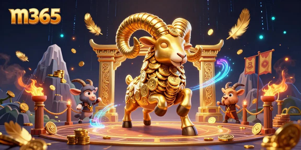 Experience m365's gaming excitement with a golden ram charging towards a jackpot in a vibrant casino scene.
