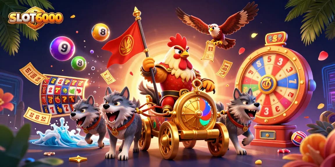 SLOT6000 engages players with a vibrant 3D casino scene featuring colorful slot reels and dynamic gaming elements.