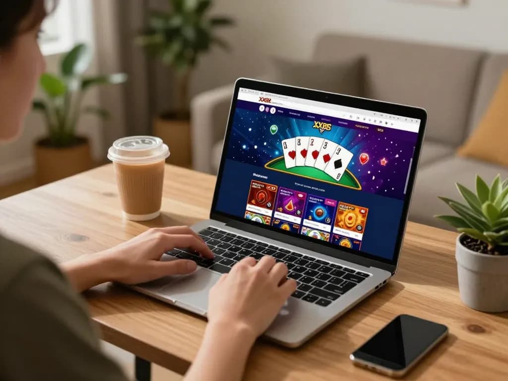 Player engaging with the XX88 online casino on a laptop at home, showcasing a fun gaming atmosphere