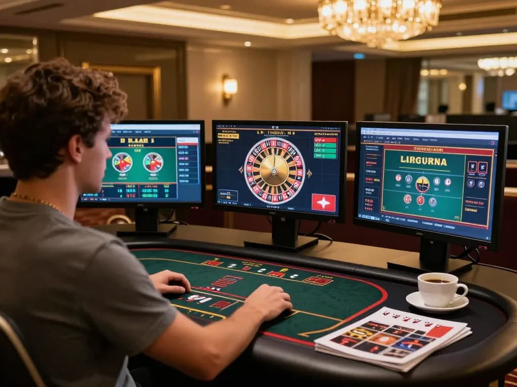 Gamer at home using TG88 casino app on multiple screens in a modern setup.