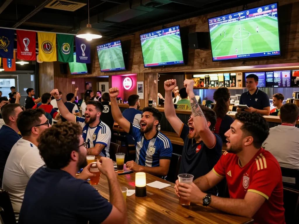 Fans enjoying the World Cup 2026 matches at a bustling sports bar filled with excitement.