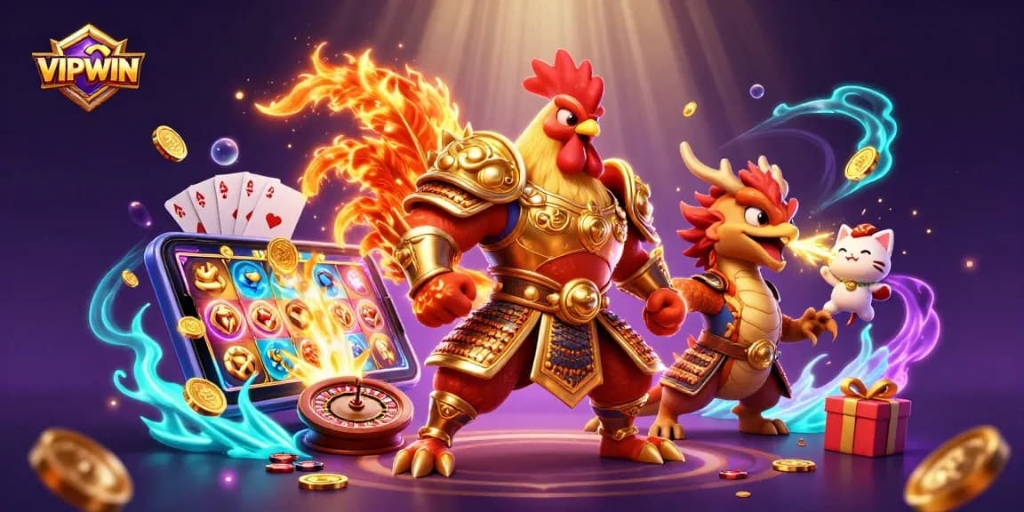 Experience thrilling gaming with VIPWIN's dynamic characters and casino elements in a vibrant 3D illustration.