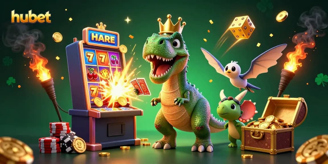 Experience excitement at hubet with a lively illustration of T-Rex, pterodactyl, and triceratops engaging in casino activities.