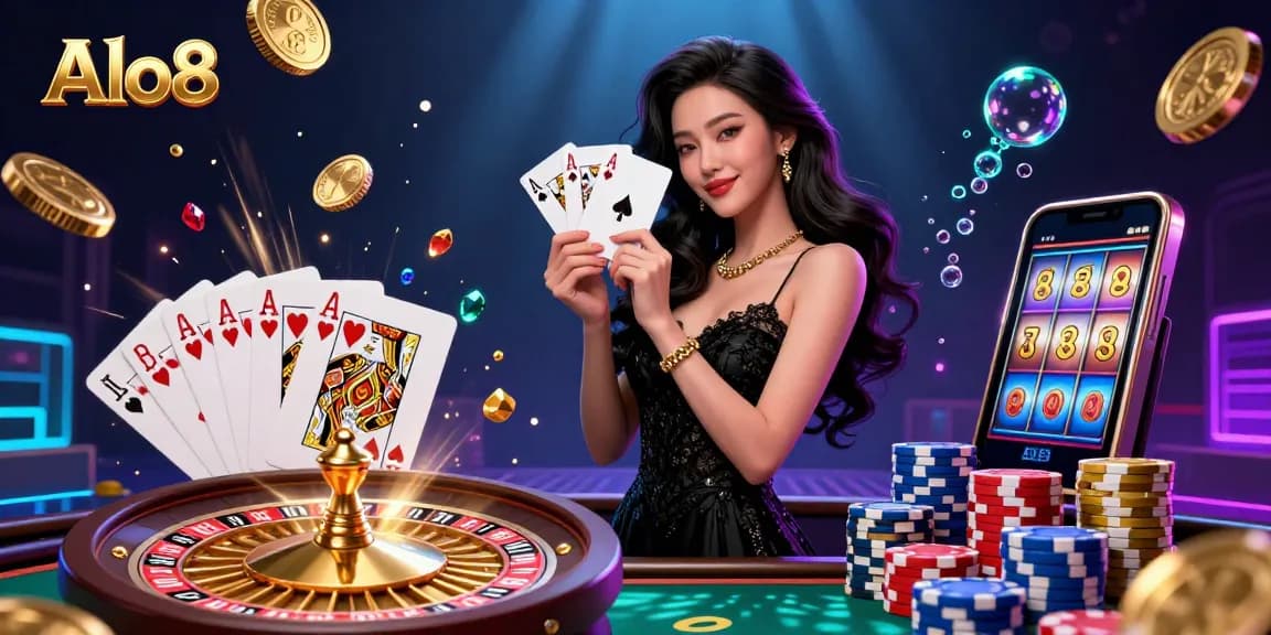 Experience the excitement of Alo8 casino with a stunning glamorous woman holding cards amid vibrant gaming elements.