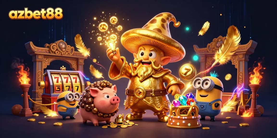 Experience excitement with azbet88, featuring a golden wizard and treasure-hunting pig amidst slot reels and magical effects.