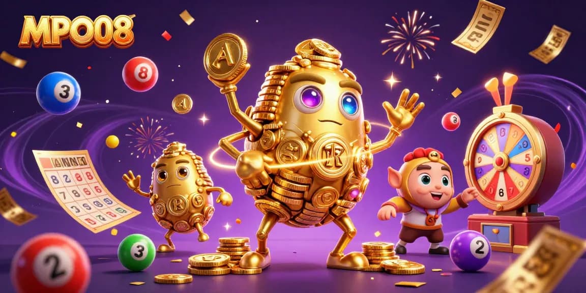 MPO08 captivates players with a vibrant lottery scene featuring golden golems and dynamic game elements.