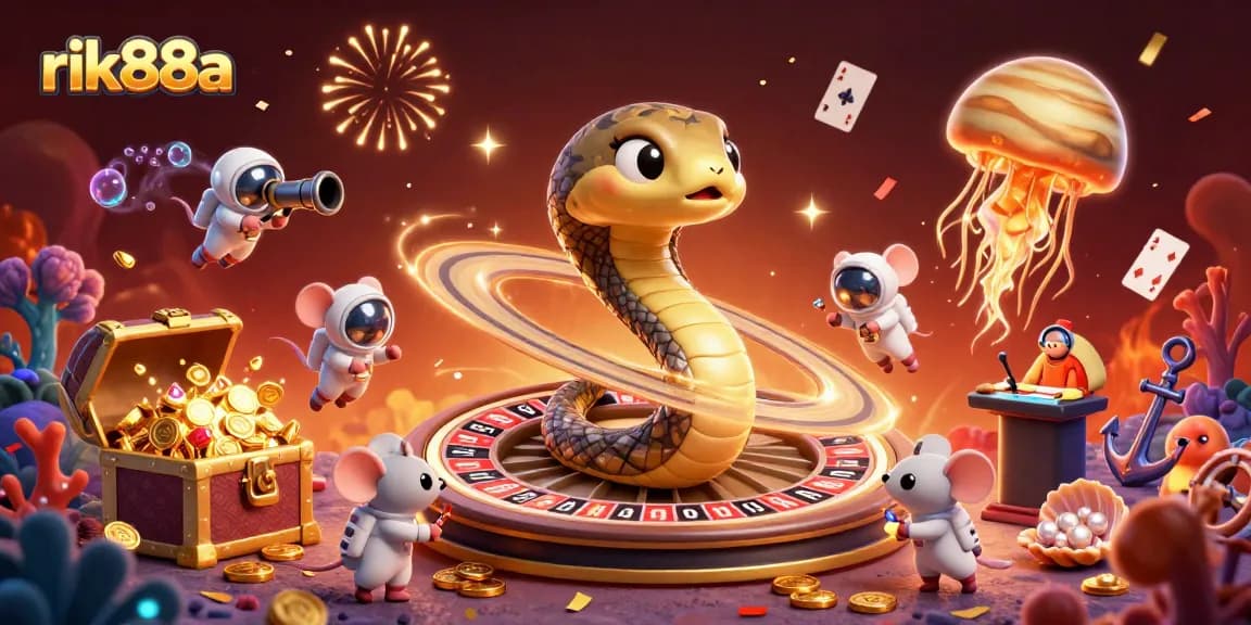 Experience thrilling bets at rik88a's cosmic casino with unique gaming elements and colorful characters.
