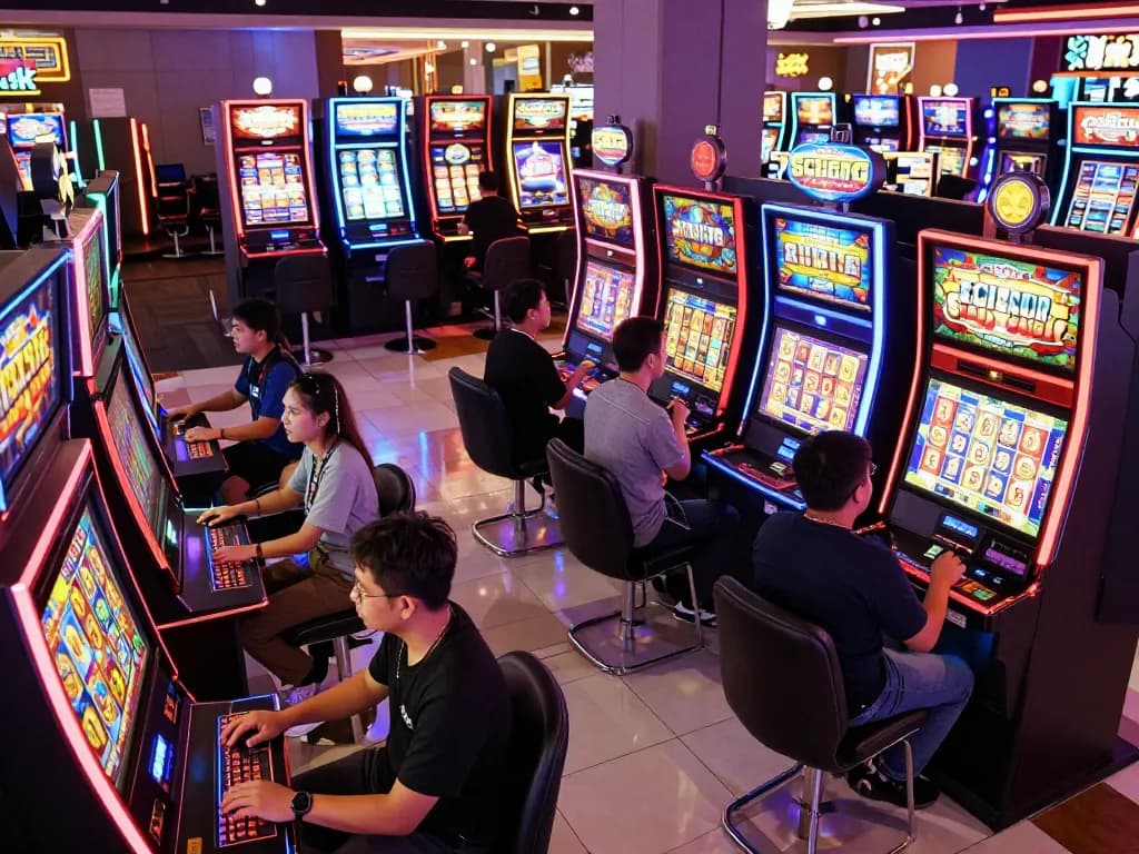 Players enjoying Slot Gacor machines in a lively casino atmosphere celebrating big wins and excitement