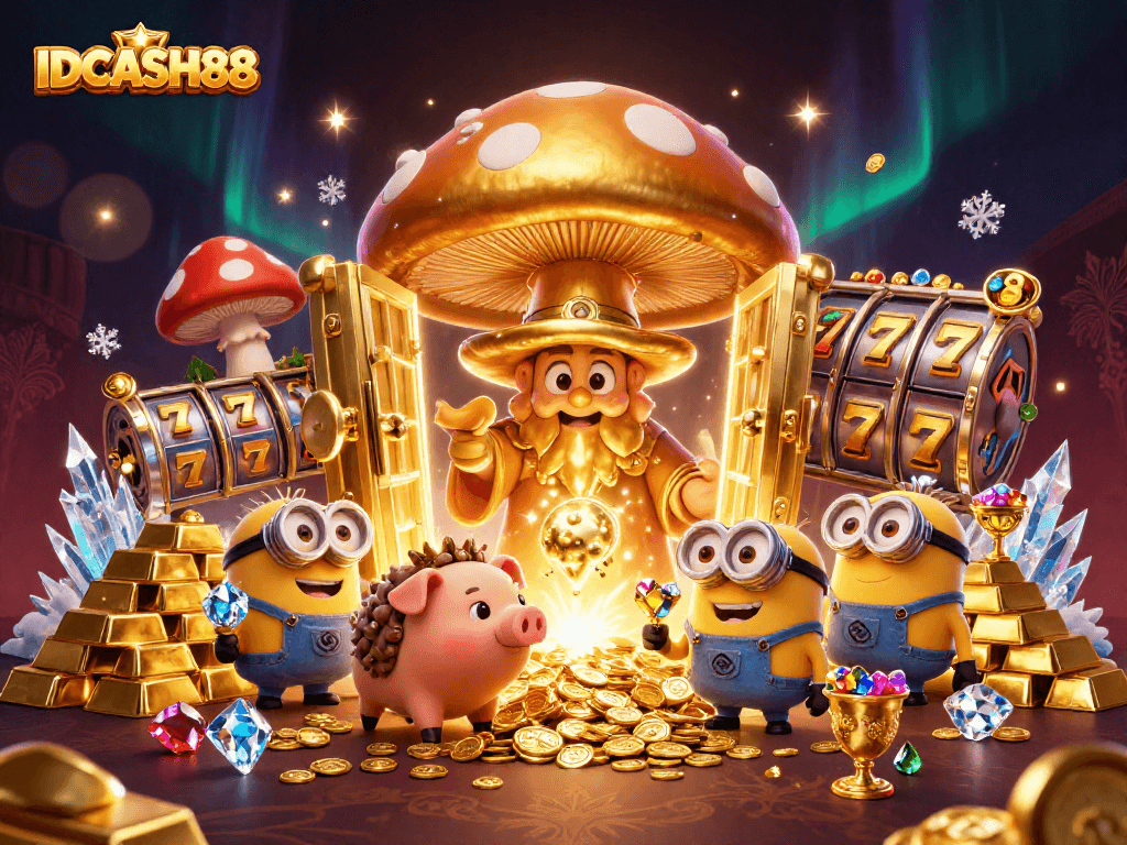 Experience thrilling wins with IDCASH88 in this vibrant cartoon casino scene.