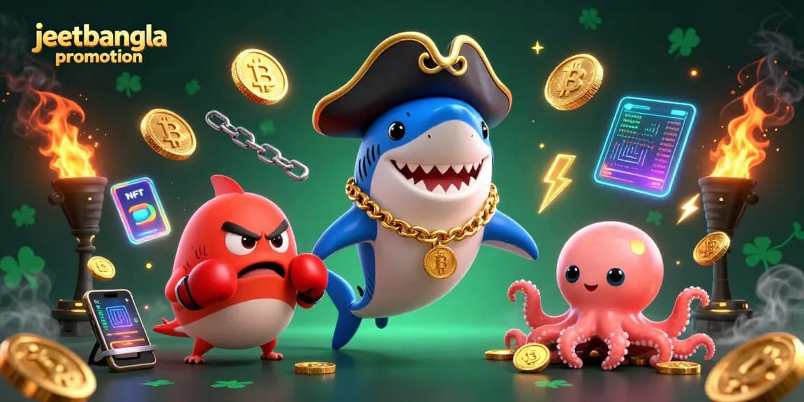 Engage with jeetbangla promotion showcasing a 3D pirate shark and vibrant casino elements.