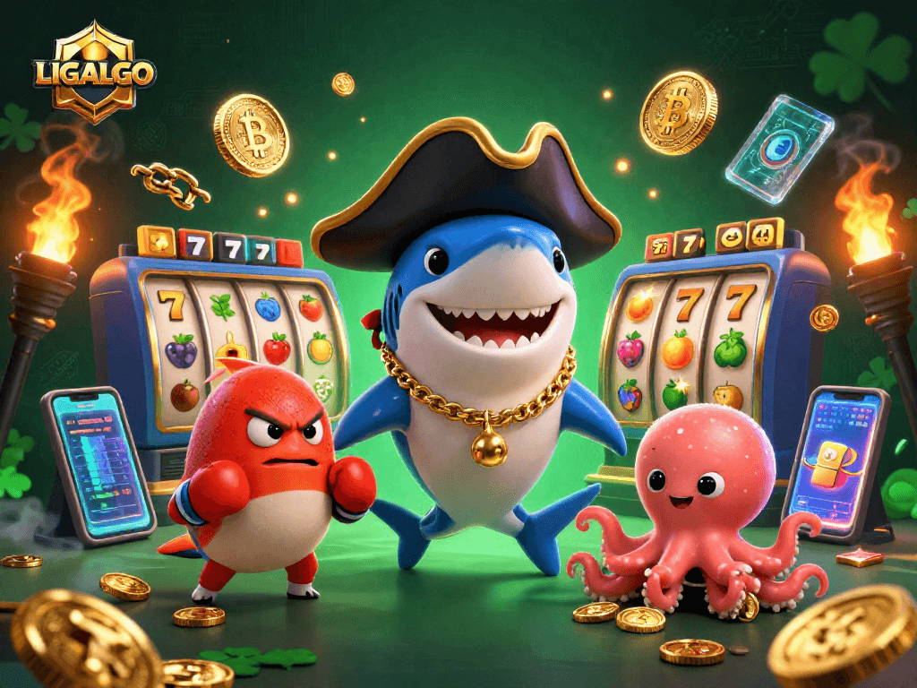 LIGALGO engages players with vibrant slots action featuring animated characters in a dynamic casino scene.