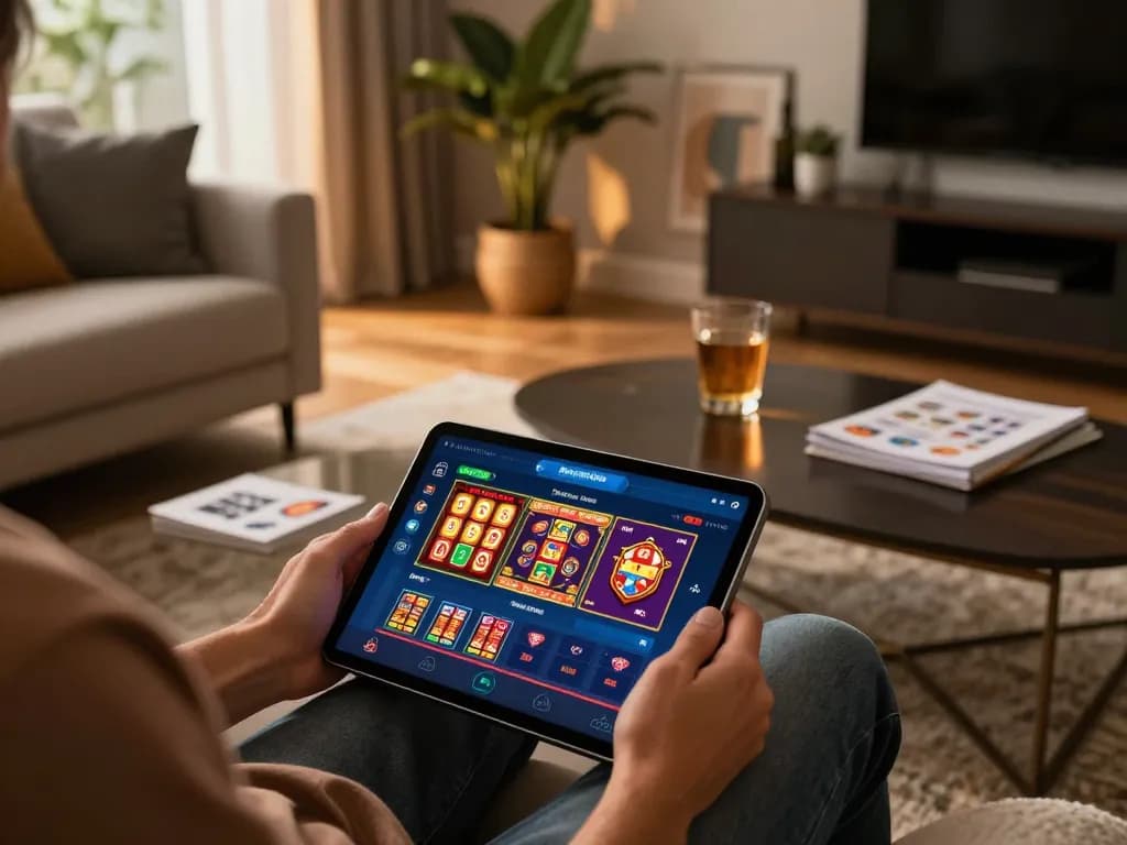 Player engaging with the 58wiin casino app on a tablet, enjoying a relaxing home gaming experience