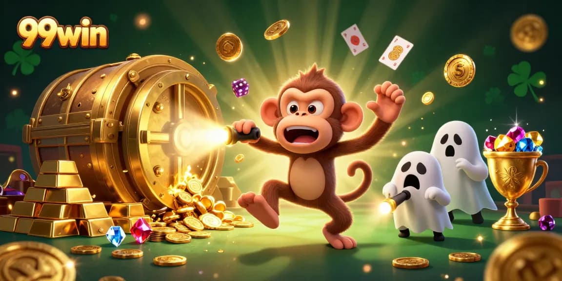 Engage with the enchanting world of 99win as the mischievous poltergeist monkey juggles treasures in a vibrant casino scene.