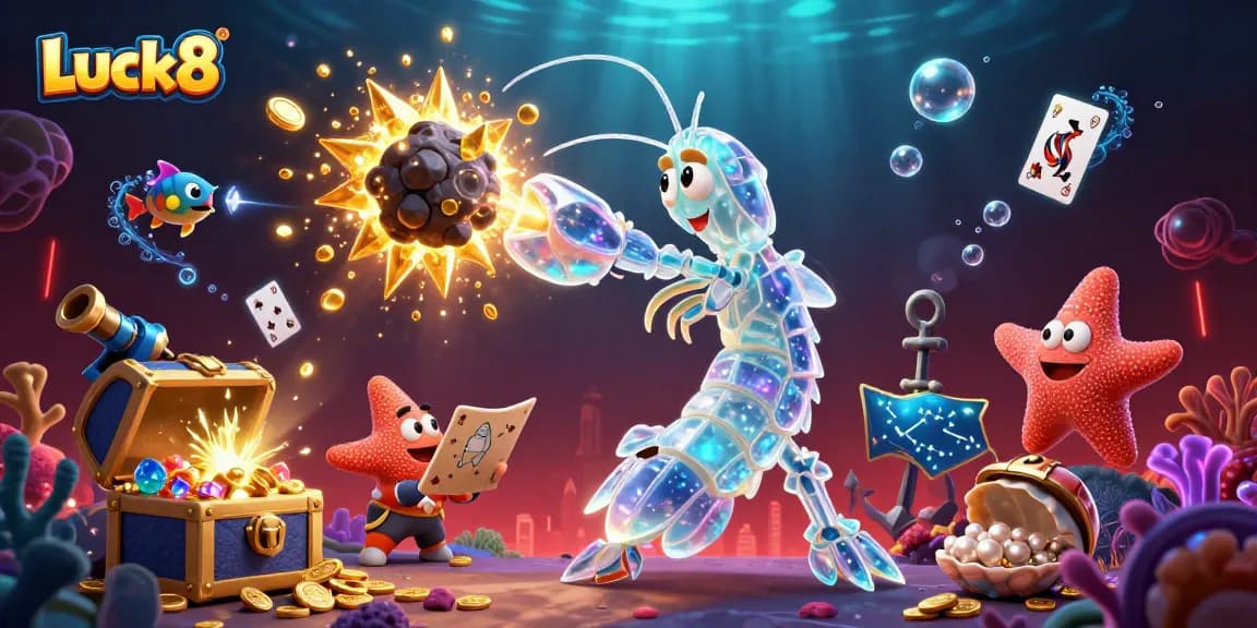 Experience Luck8 gaming action with vibrant characters battling in a treasure-filled underwater casino scene.