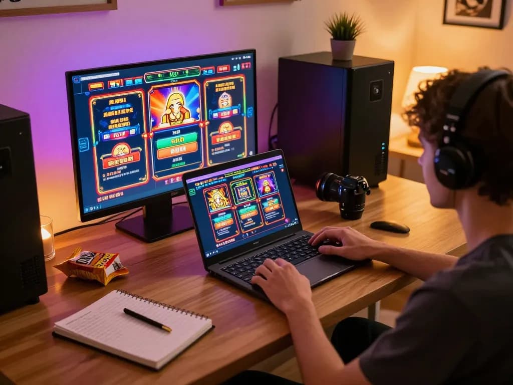 Engaging with bet kecil slots on a laptop in a cozy home gaming setup
