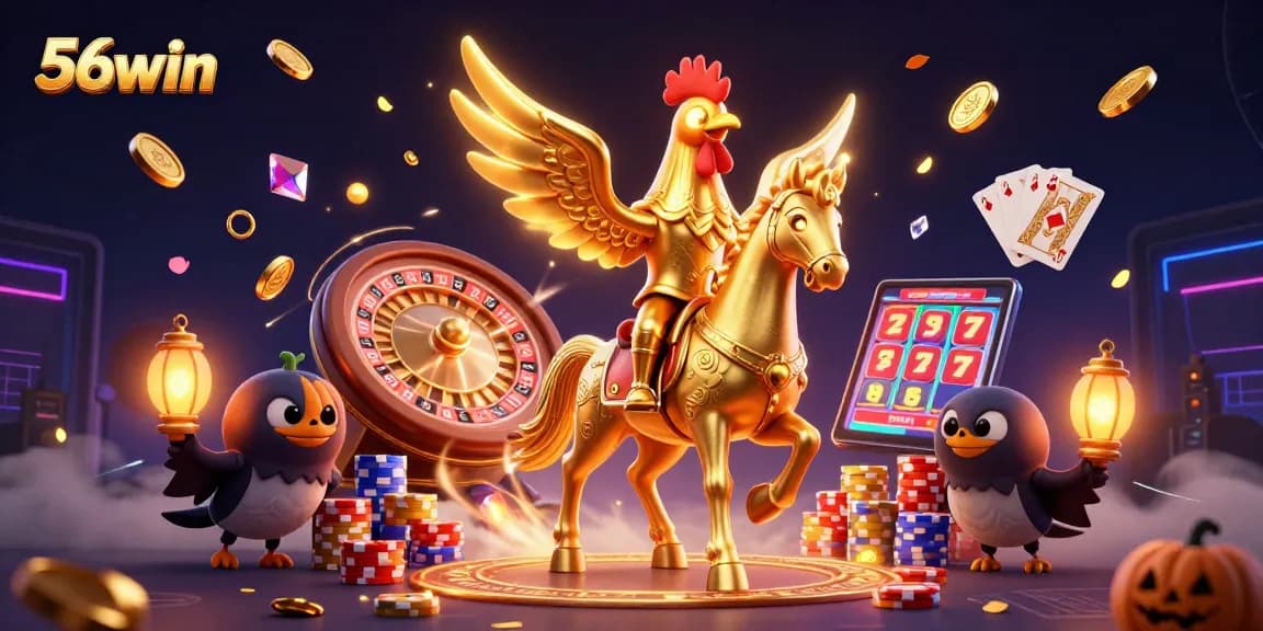 56win showcases a golden rooster in a vibrant casino scene with cascading coins and cards.