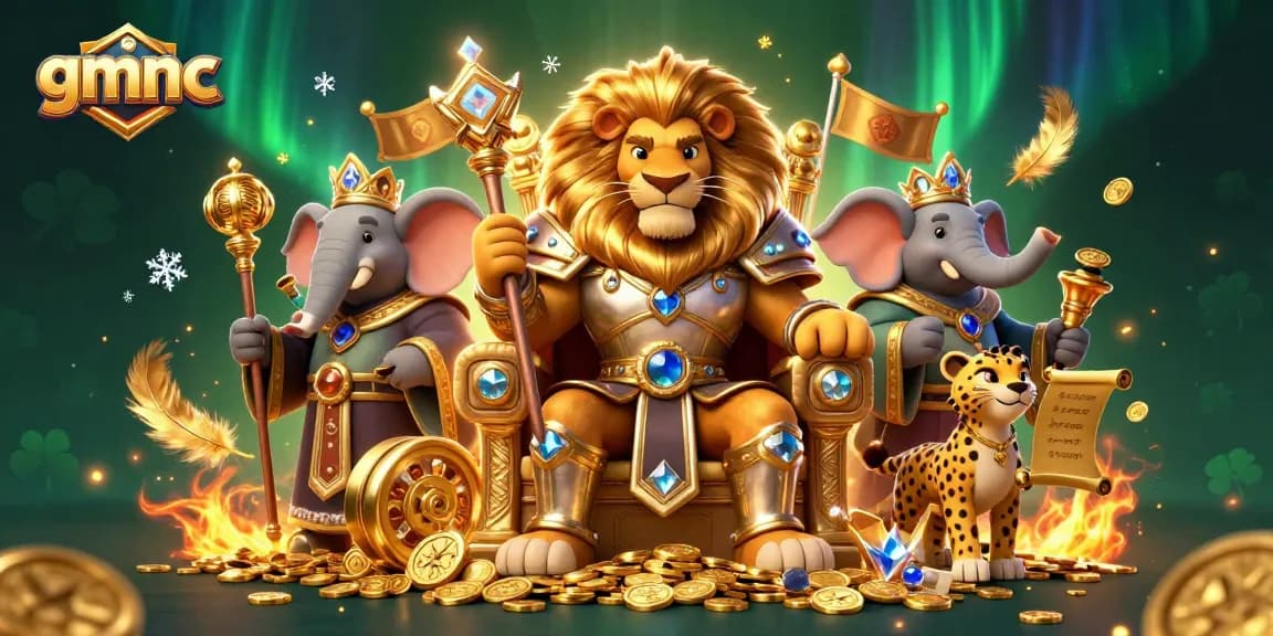 Experience the thrilling world of gmnc as the lion king presides over a casino kingdom with gleaming slot reels and vibrant betting tokens.