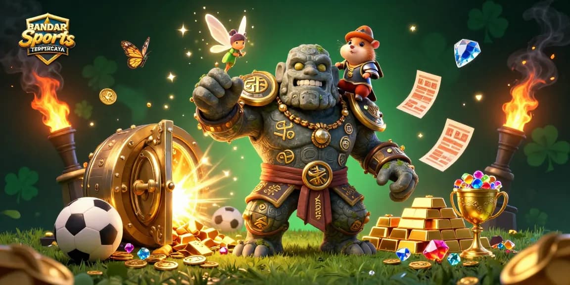 BANDAR Sports TERPERCAYA showcases an epic sports betting scene with a mystical golem, fairy, and hamster knight.