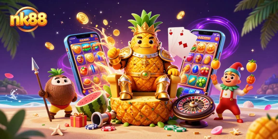 Play at nk88, featuring a vibrant 3D scene with a pineapple king, slots, and tropical casino elements.