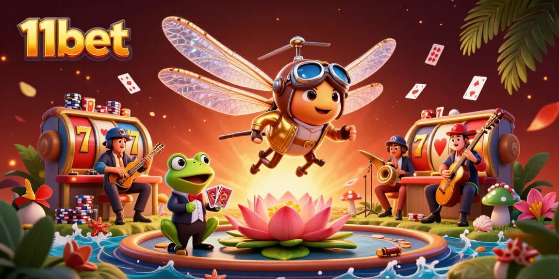 Engage with thrilling slots and poker action at 11bet, featuring playful characters in a vibrant casino setting.