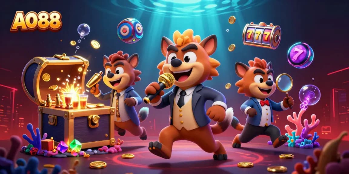 Experience the excitement at AO88 with a dynamic casino scene featuring animated hyenas and vibrant games.