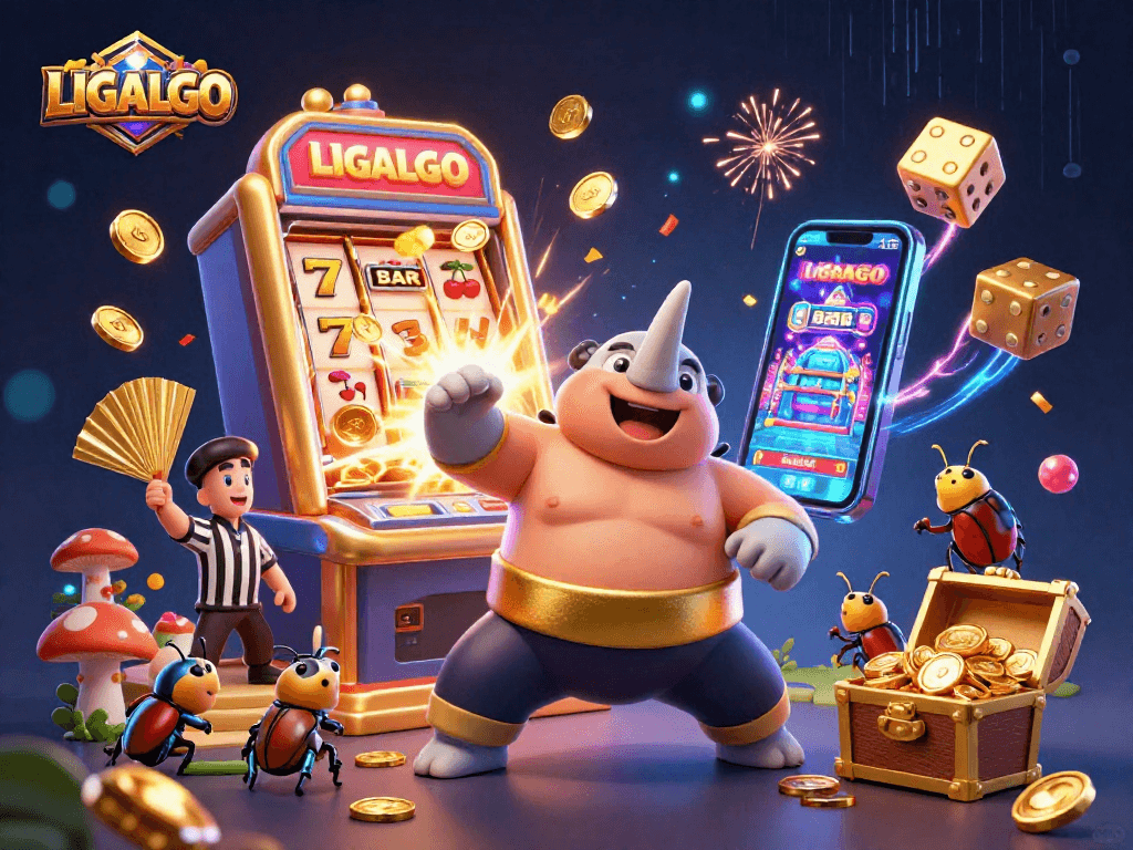LIGALGO's dynamic casino scene featuring a rhinoceros beetle champion, slot machine jackpot elements, and energetic atmosphere.
