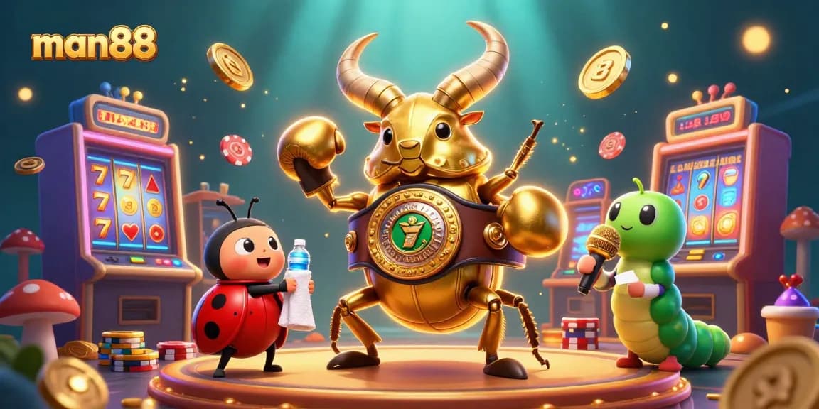 man88 gaming scene featuring a golden stag beetle in a boxing ring with slot machines and vibrant casino elements