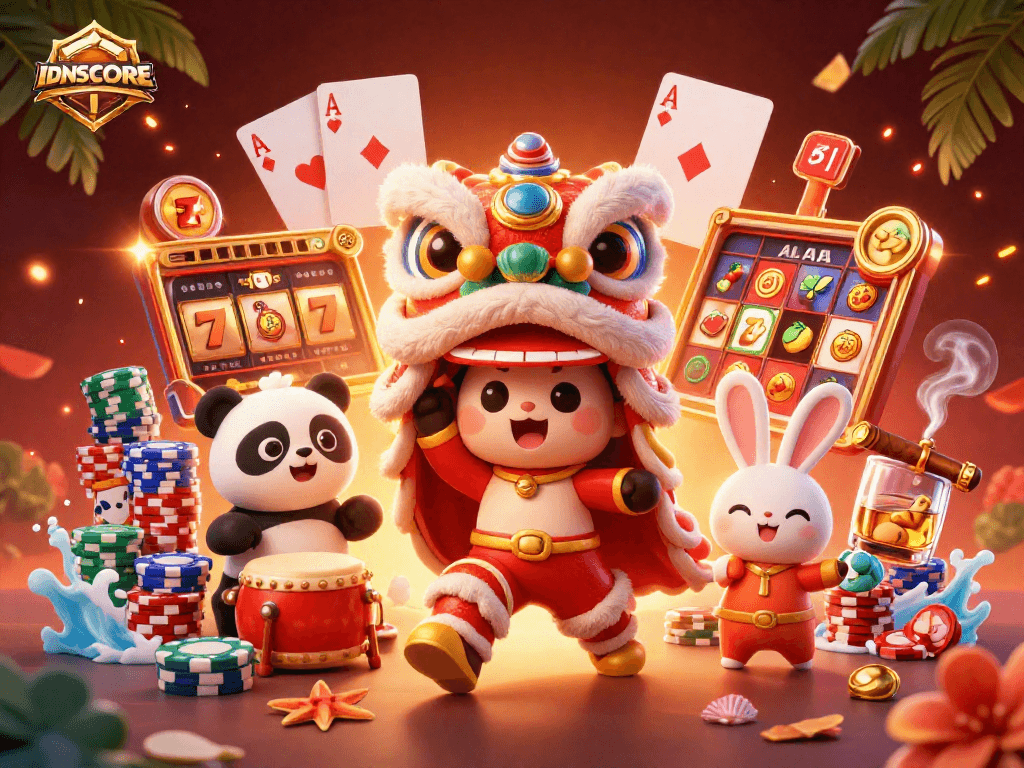 IDNSCORE's lively 3D scene features characters celebrating with slot reels and festive decorations.