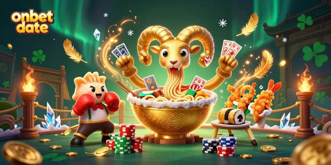Engage in thrilling gaming with onbet date's vibrant 3D casino illustration showcasing dynamic characters and festive elements.
