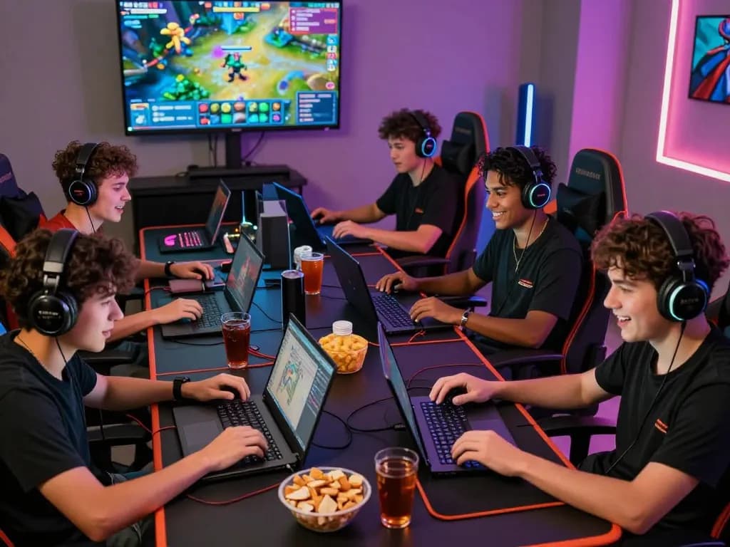 Exciting gaming atmosphere with players enjoying autowin88 games on laptops and mobile devices, surrounded by modern gaming gear and snacks.