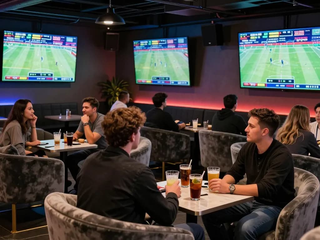 Engaging sports betting scene capturing kèo nhà cái action with live game screens and excited bettors.